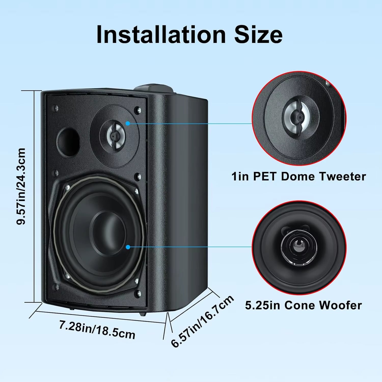 5.25'' 300W Indoor Outdoor Waterproof Dual Speakers Home Theater Wall Mount System for Garage Basement Living Room Black