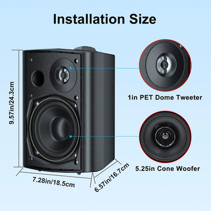 5.25'' 300W Indoor Outdoor Waterproof Dual Speakers Home Theater Wall Mount System for Garage Basement Living Room Black