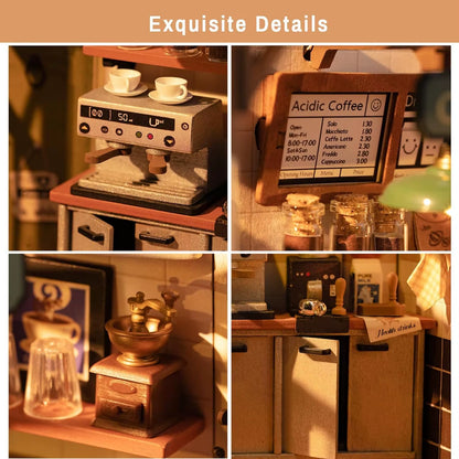 Robotime DIY Wooden Dollhouse Set NO.17 Coffee Model Building Set with Accessories and LED Model Kit for Adult and Children