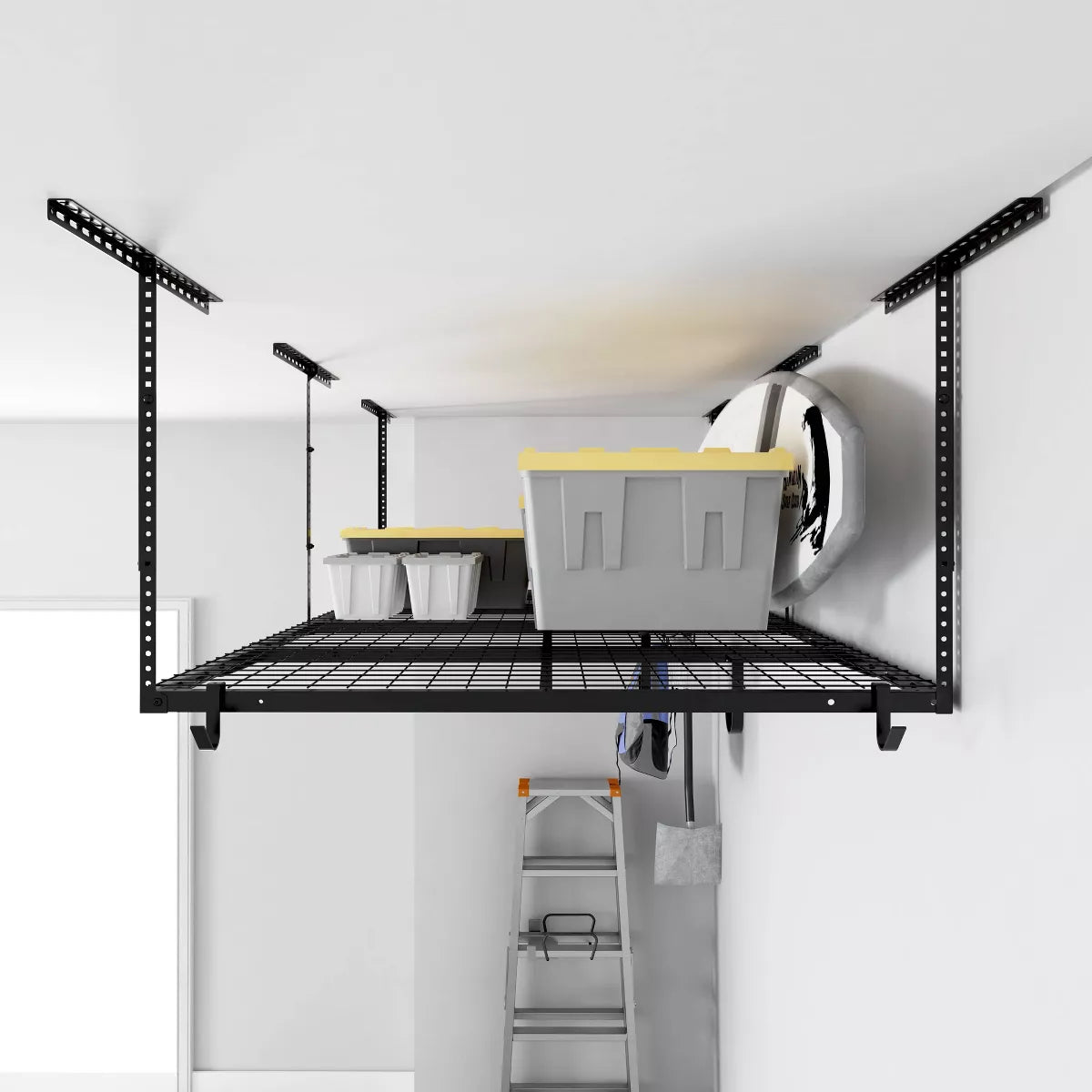 Adjustable Overhead Garage Storage Rack, 4' x 8', with 8 Accessory Hooks, Black Steel Utility Shelves