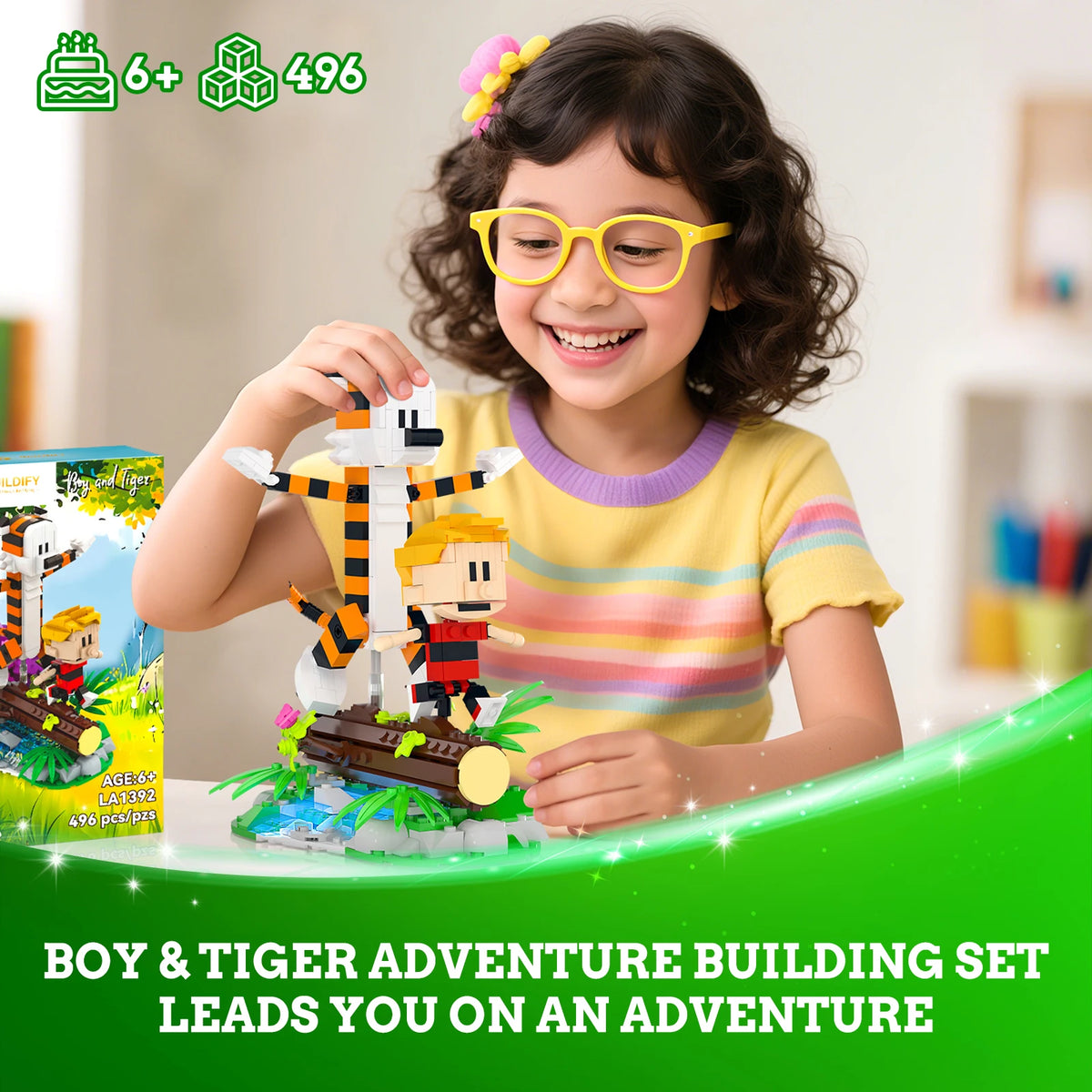 Little Boy and Tiger Adventure Building Set - Classic Cartoon Wooden Bridge Figure Toys, Creative Gift for Boys Ages 8-14, 496 Pieces
