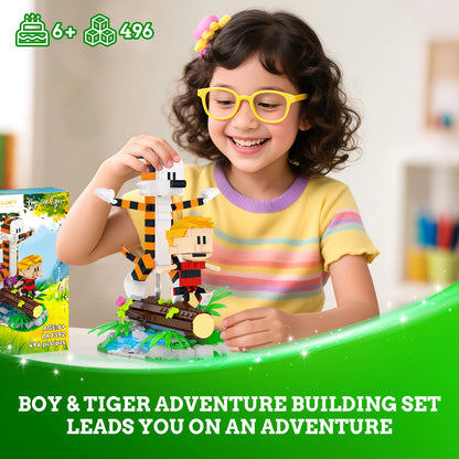 Little Boy and Tiger Adventure Building Set - Classic Cartoon Wooden Bridge Figure Toys, Creative Gift for Boys Ages 8-14, 496 Pieces