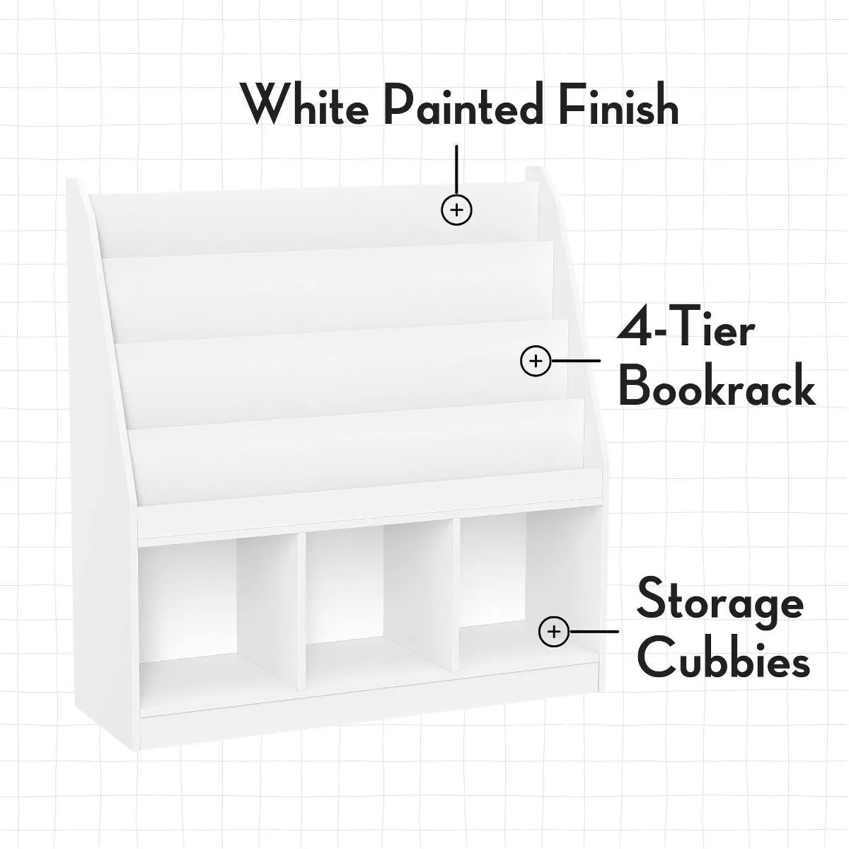 Children's Playroom Bookrack with Three Toy Organizer Cubbies and Four Bookshelves in White with Two Fabric Bins