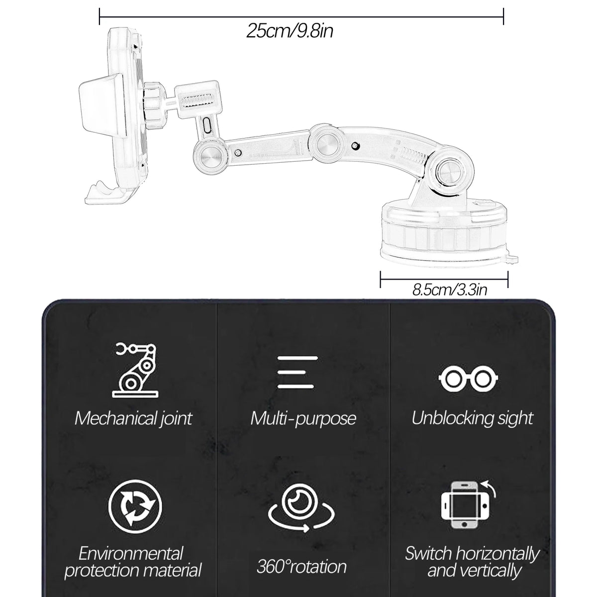 360-Degree Rotating Universal Cell Phone Holder for Windscreen, Dashboard, and Car Trunk Mounting