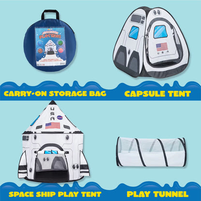 Joyfy Rocket Ship Play Tents Set Pop up Play House with Tunnel 3-Piece Play Tent for Kids Pretend Play Birthday Gift
