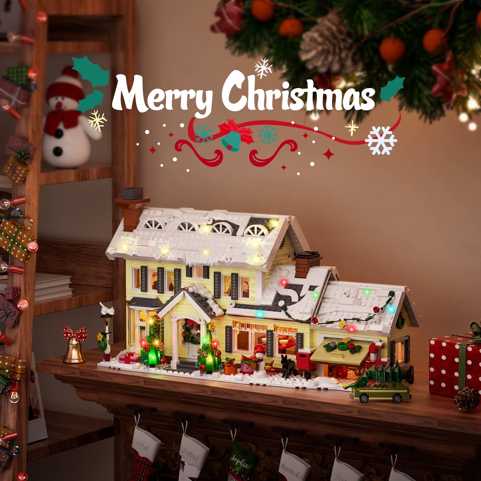 Christmas Holiday House Building Set Christmas Holiday Snow Village Blocks Toys with Clark'S Car,Gifts for Boys, Girls(1484Pcs)