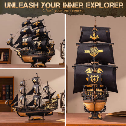 ROKR Seahorse Barque 3D Wooden Puzzle Model Kit - 1:100 Scale DIY Sailboat with 603 Pieces for Adults and Boys
