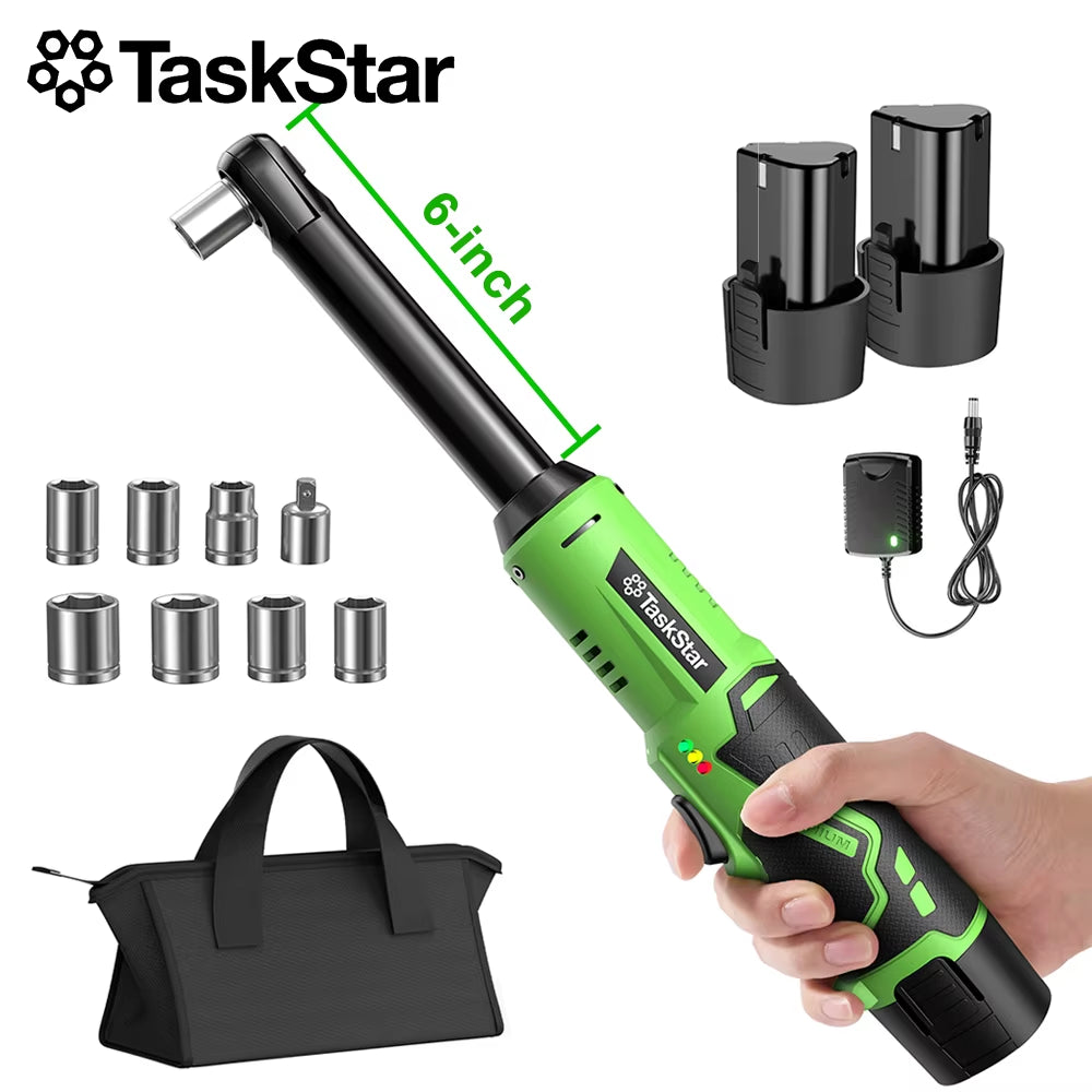 Taskstar 6-Inch Cordless Ratchet Wrench with Extended Reach, 3/8" Electric Wrench, 36.88 Ft-Lbs Torque for Automotive Repairs, Includes Two 2.0Ah Batteries and Integrated LED Work Light
