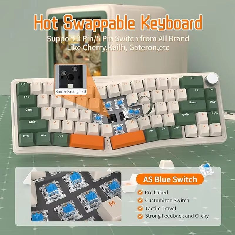 AKS068 Alice Layout Wired Mechanical Keyboard, Gasket Mount 68 Keys Ergonomic 60% Gaming Keyboard USB-C, Hot-S