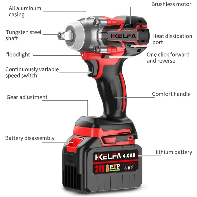 520N·m Brushless Electric Impact Wrench - 1/2" Cordless Tool Compatible with Makita 18V Battery