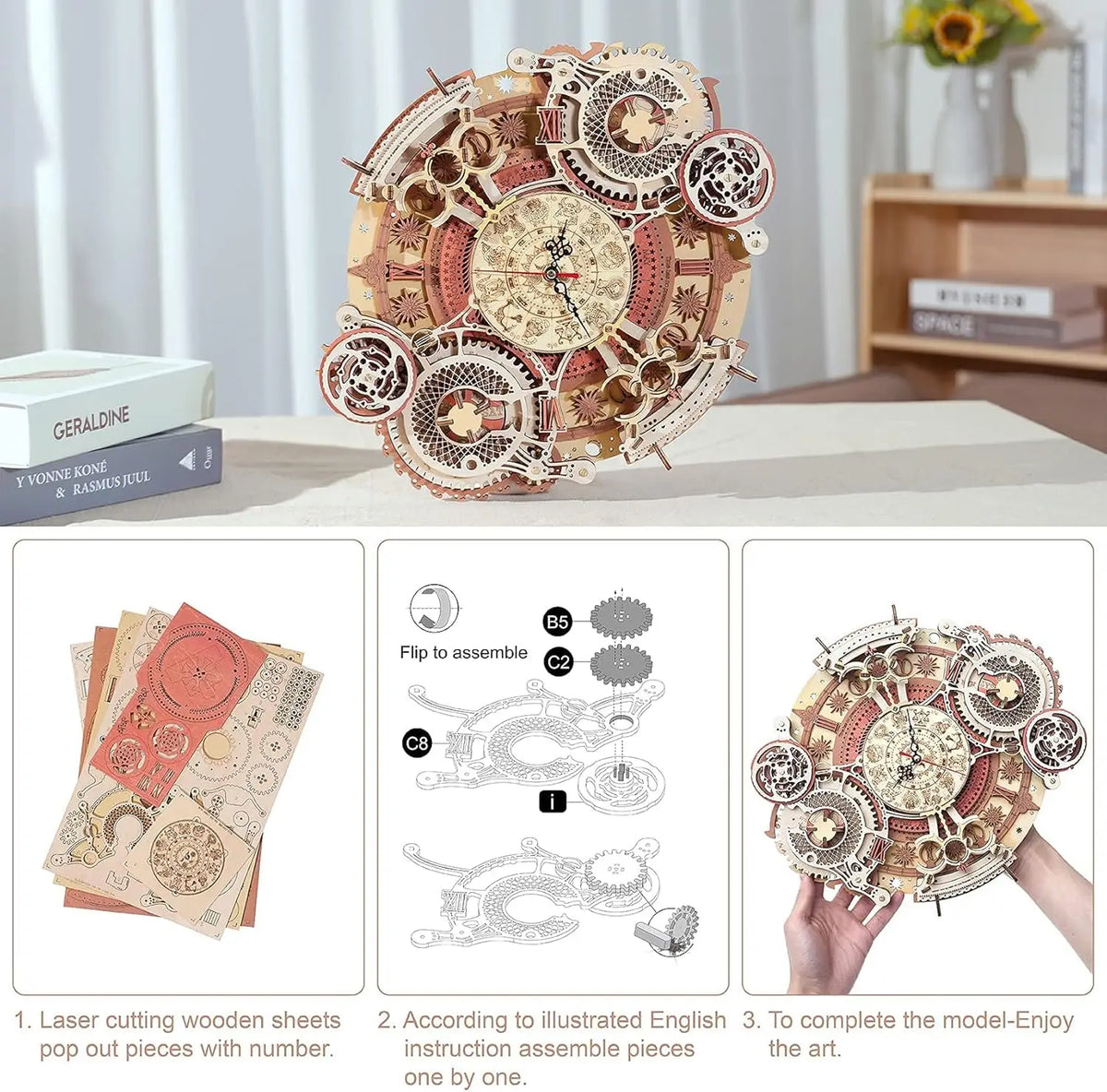 Robotime 3D Wooden Puzzle Wall Clock - Mechanical Building Kit for Children, Ideal Christmas Gift