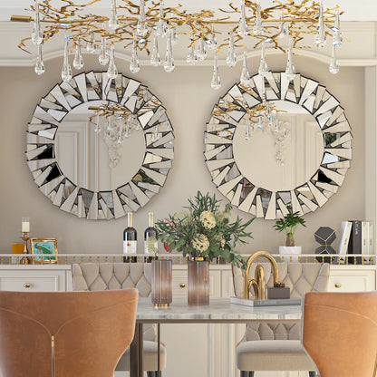 32" Wall Mirrors Decorative round Sunburst Mirror for Wall Decor Modern Silver Glass Wall-Mounted Beveled Hanging Circle Accents
