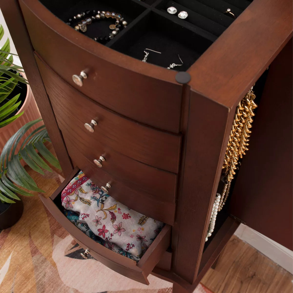 Traditional Wood Jewelry Armoire with 6 Lined Drawers in Merlot Brown