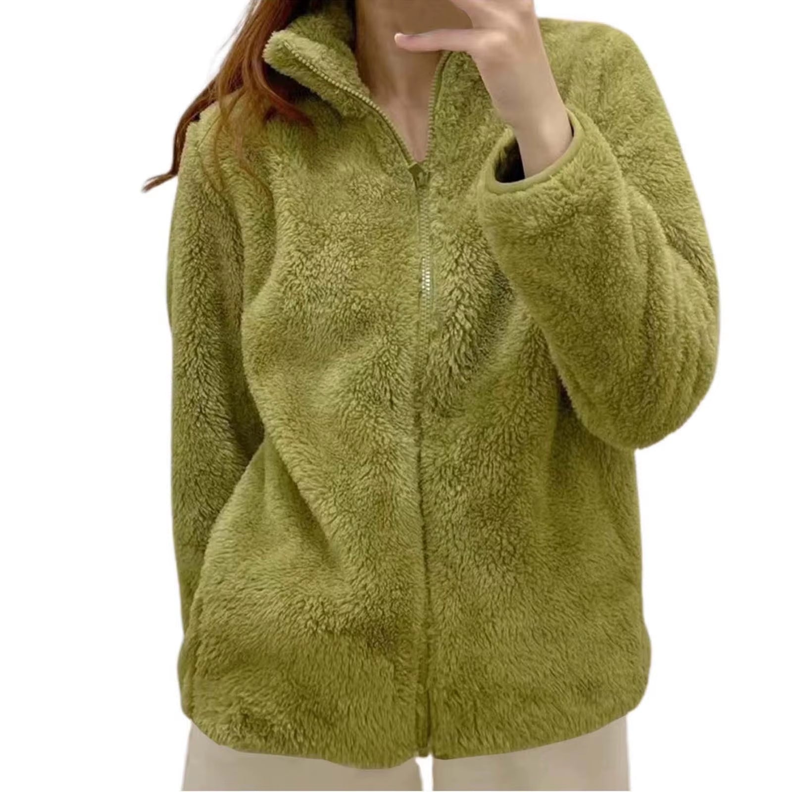 Women Casual Zip up Fleece Jacket Solid Color Long Plush Polar Warm Zipper Outwears Female Gils Lamb Wool Jackets with Pockets