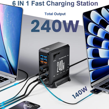 ASOMETECH 240W GaN Fast Charging Station - 6-in-1 Desktop Charger with 140W PD3.1, USB Type-C, QC3.0, and PPS for MacBook, iPhone 16, and Samsung Devices