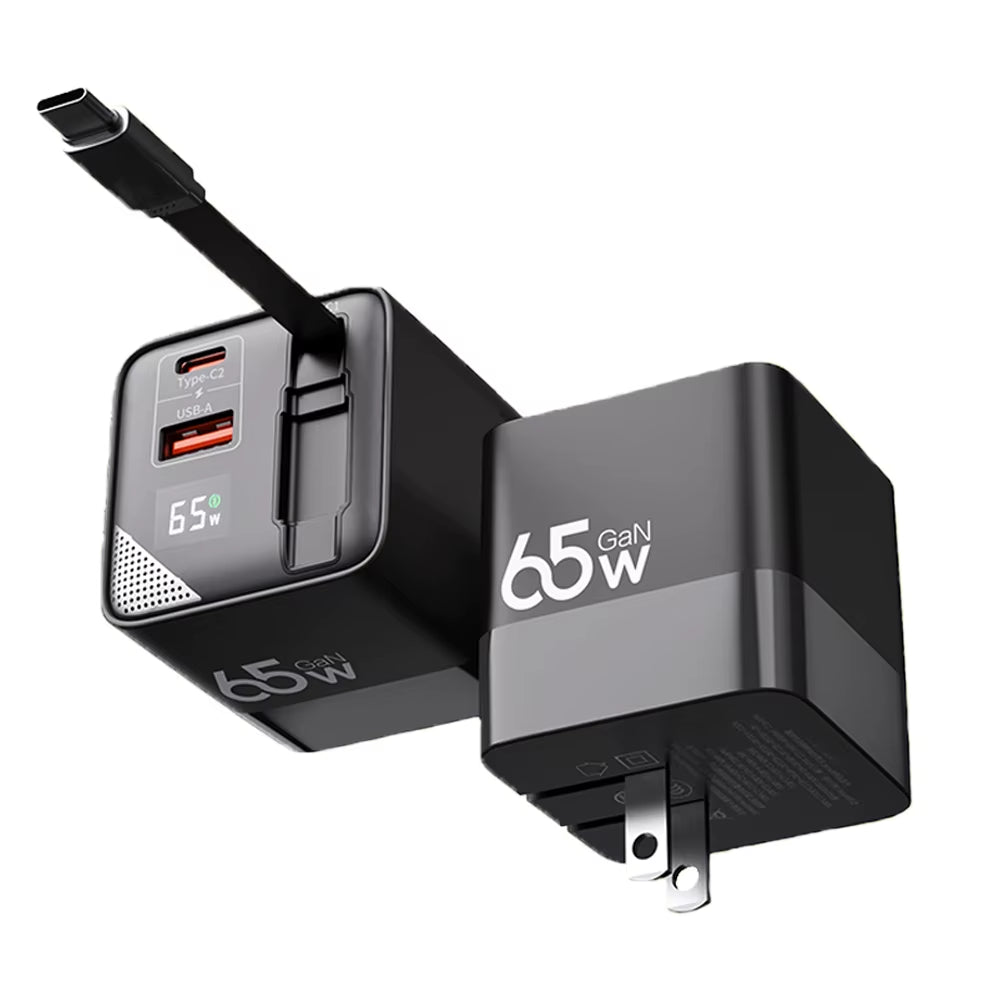 65W Gan Fast Charger Three-Port Charging Head Built-In 80Cm Retractable Typec Cable for Iphone16 15 14 13 Promax Xiaomi Samsung