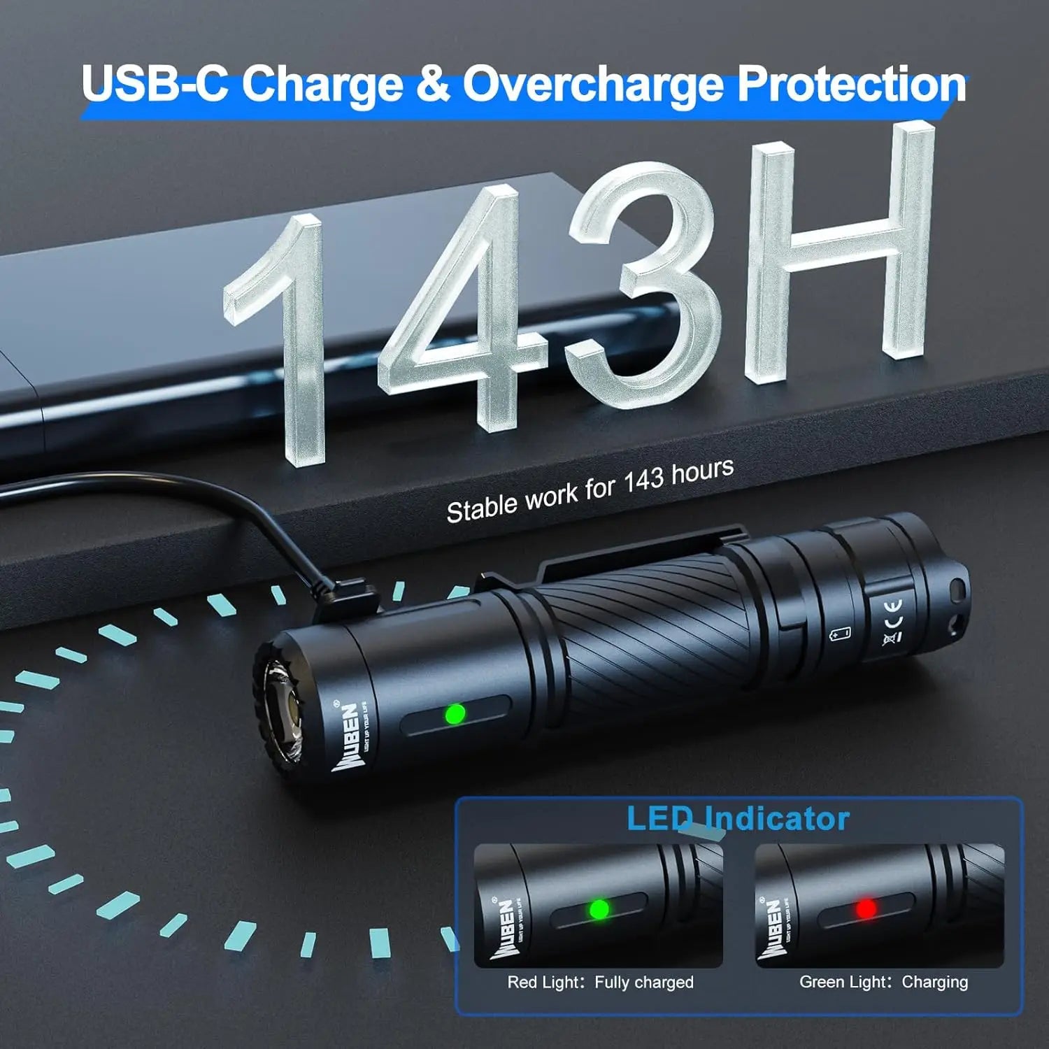 C3 Flashlight 1200 High Lumens Rechargeable Flashlight 6 Modes IP68 Waterproof LED Tactical Flashlight for Camping Hunting