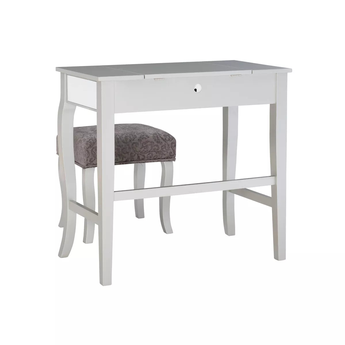 Harper Glam Flip-Up Mirror Wood Vanity and Gray Upholstered Stool Mirror and Silver