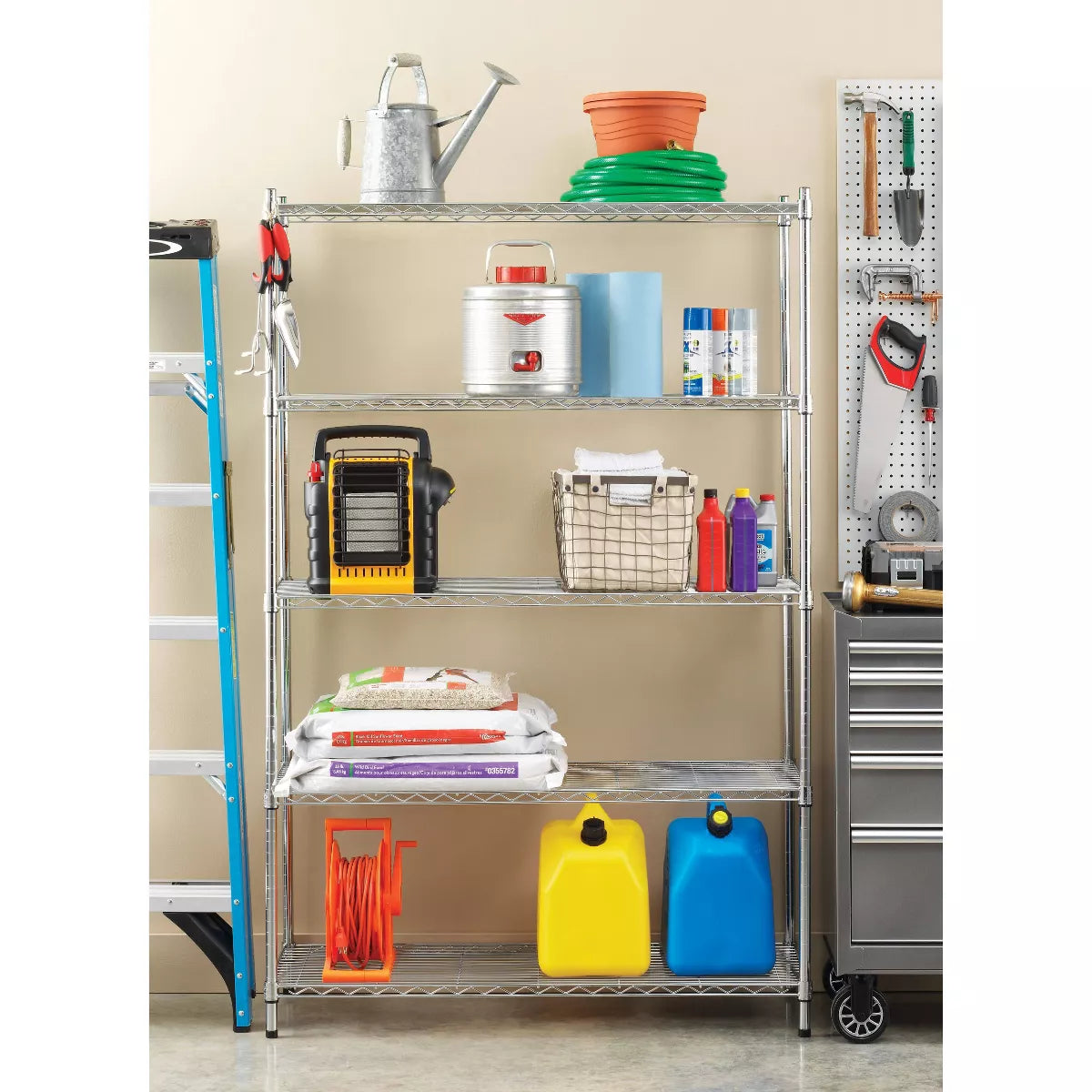  5-Tier Supreme Large Chrome Silver Shelving Unit: Durable Metal Storage Solution Compatible with 13" Cube System