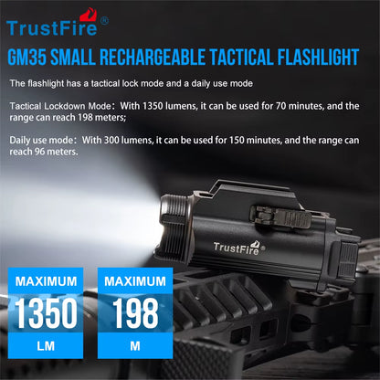 GM35 Tactical LED Flashlights Mini Pistol Lights 1350Lumens USB Rechargeable Quick Release Handgun 1913/GL Rail