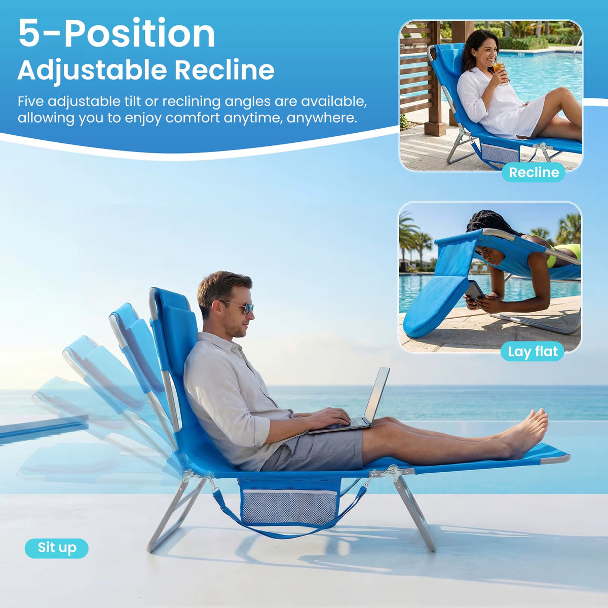 JHK 5-Position Adjustable Reclining Beach Lounge Chair - Portable Folding Sun Chair with Face and Arm Holes, Supports Up to 225 lbs for Patio Use