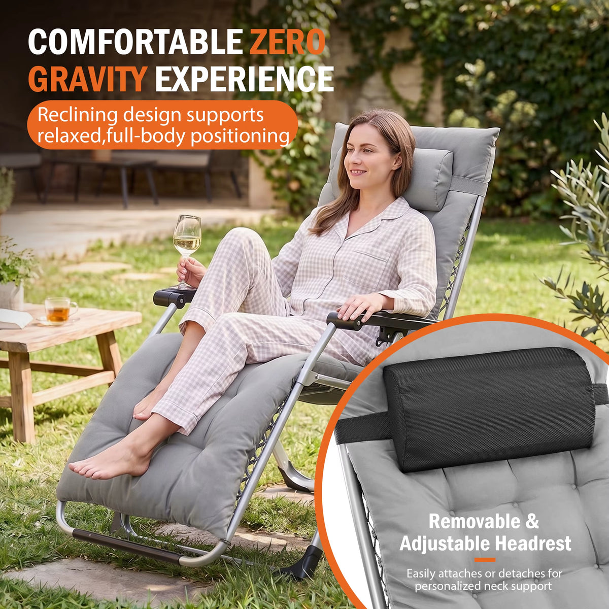 JHK Zero Gravity Reclining Lounge Chair with Soft Cushion and Cup Holder Trays for Outdoor and Indoor Use