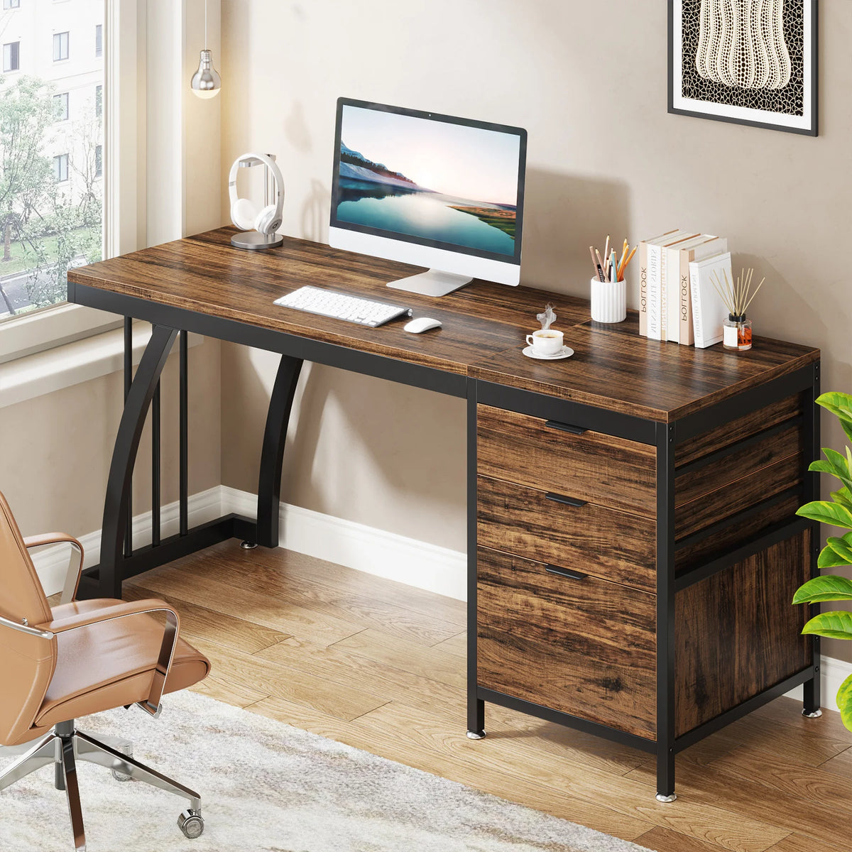 Tribesigns 59-Inch Industrial Computer Desk with Reversible 3-Drawer Storage for Study and Workstation