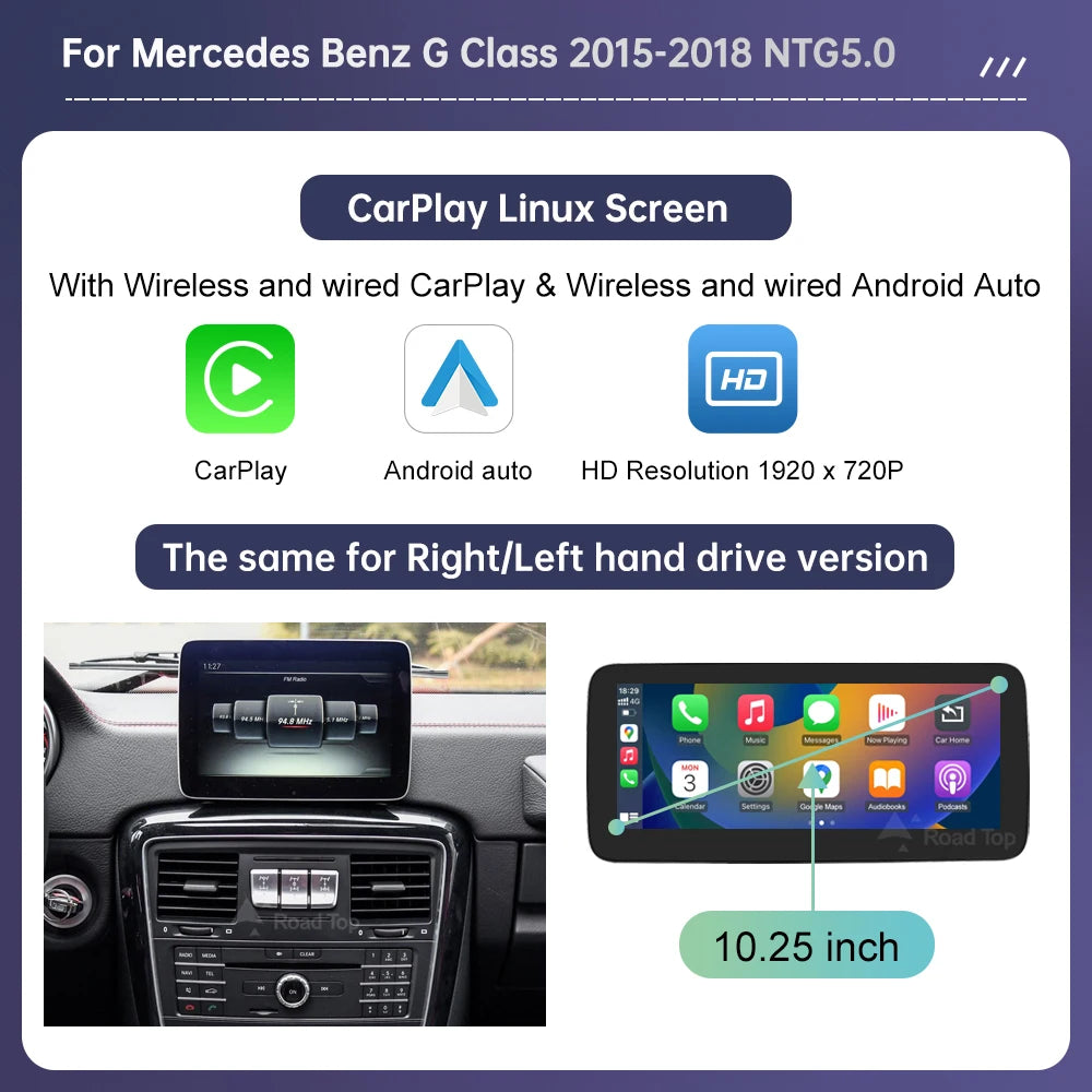 Linux Touchscreen GPS System for Mercedes Benz G-Class W463 (2013-2018) with Wireless CarPlay, Android Auto, and AirPlay Mirroring