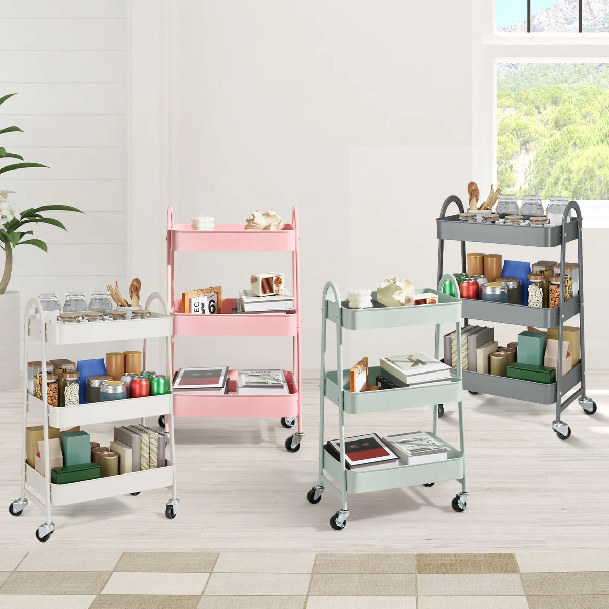 JHK 3-Tier Metal Kitchen Storage Cart with Lockable Wheels - Mobile Shelving Unit for Narrow Spaces and Utility Organization