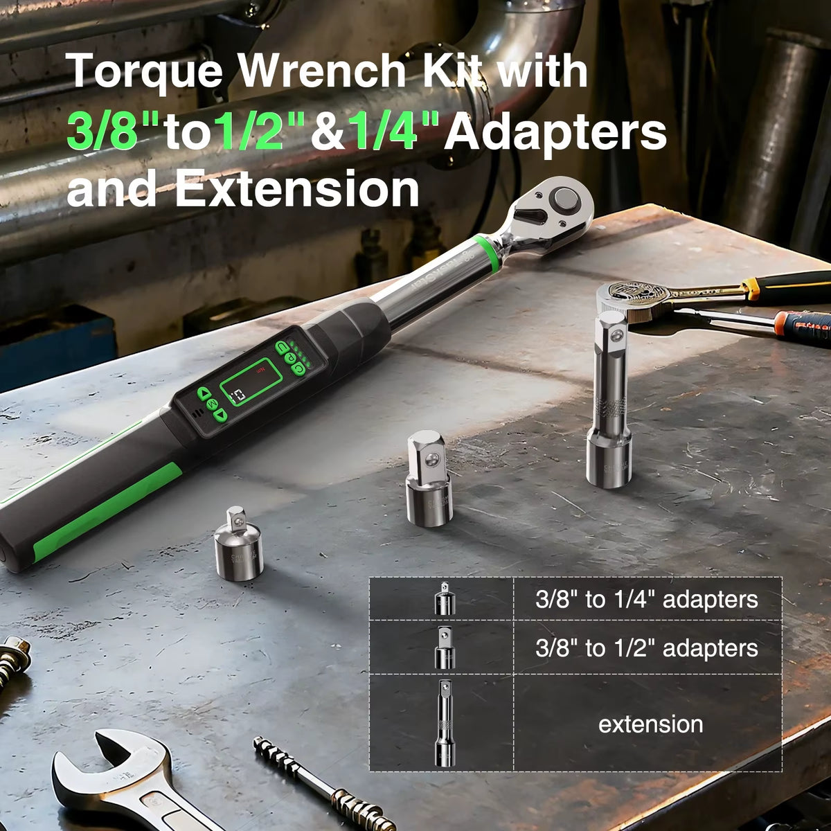 Taskstar 3/8-Inch Digital Torque Wrench with 1/4" & 1/2" Adapters, Bidirectional Ratchet Head, ±2% Accuracy, 0-162 Ft-Lbs / 0-220 N.M, Handheld Wrench Kit for Bicycle, Car, and Motorcycle Maintenance, 5 Measurement Units
