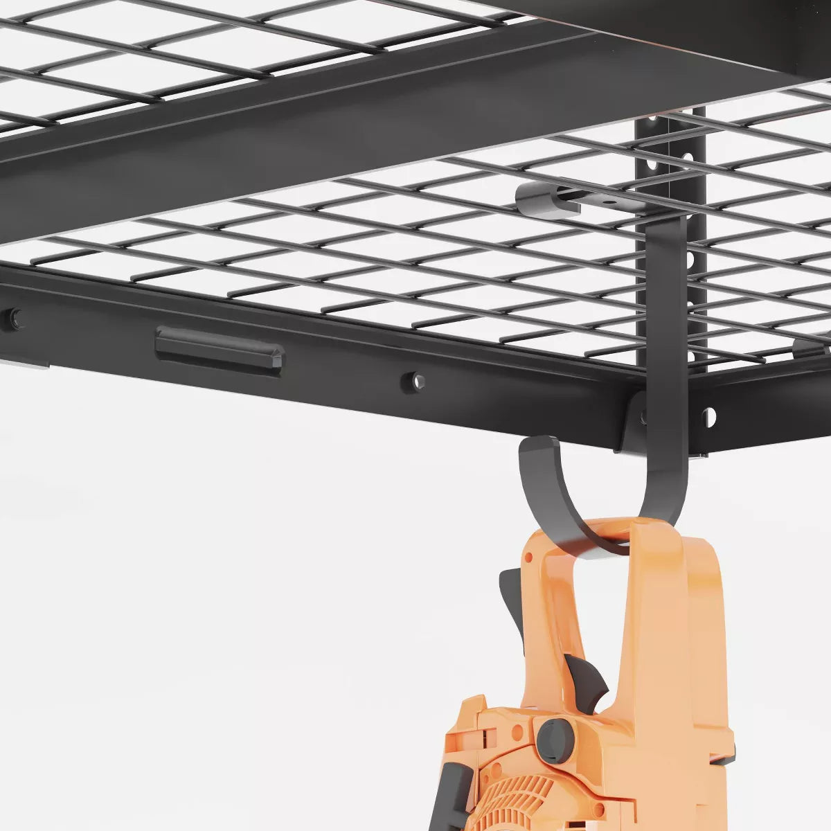 Adjustable Overhead Garage Storage Rack, 4' x 8', with 8 Accessory Hooks, Black Steel Utility Shelves