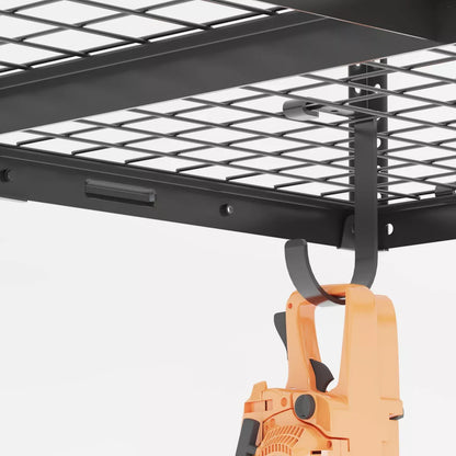 Adjustable Overhead Garage Storage Rack, 4' x 8', with 8 Accessory Hooks, Black Steel Utility Shelves
