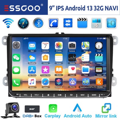 9-Inch Android 14 Car Stereo with 4G+64G, Wireless CarPlay, GPS Navigation, WiFi, RDS FM, Bluetooth, and Equalizer for VW Golf 5/6, Passat, Polo, Touran, Tiguan, Caddy, and EOS