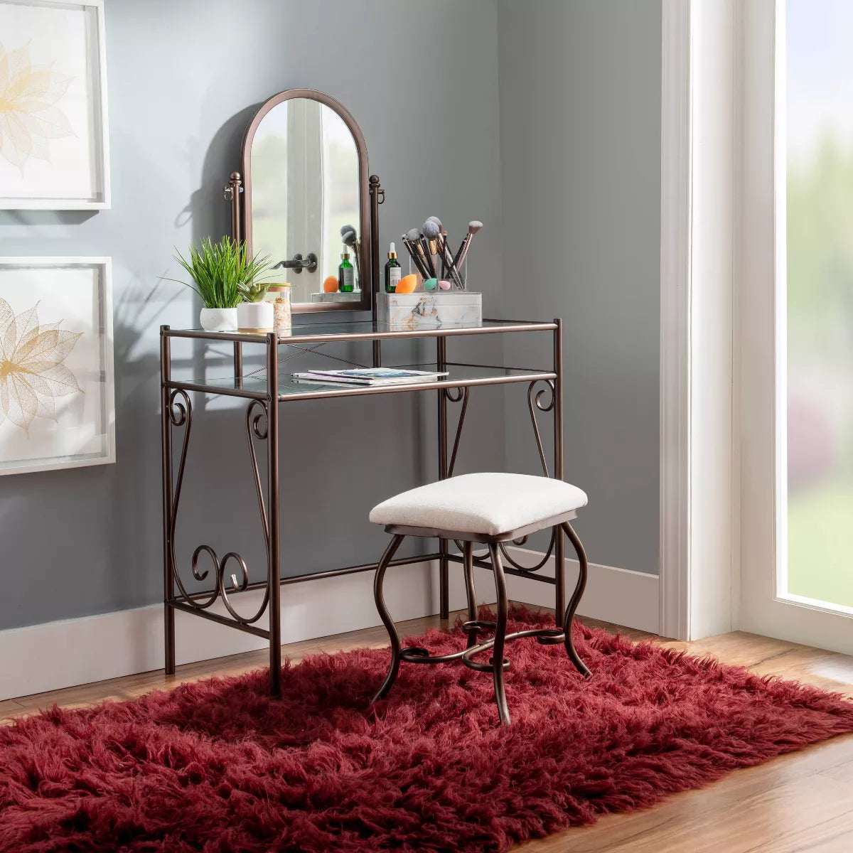 Clarisse Traditional Metal and Glass Shelf Tilting Mirror Vanity and Upholstered Stool Brown