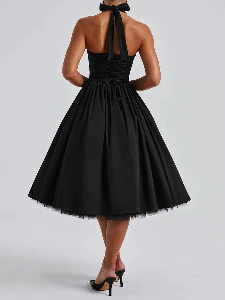 Elegant Sleeveless Midi Dress with Tie-Up Halter Neck and Open Back Women S A-Line Tank Dress in Solid Color Cross Design