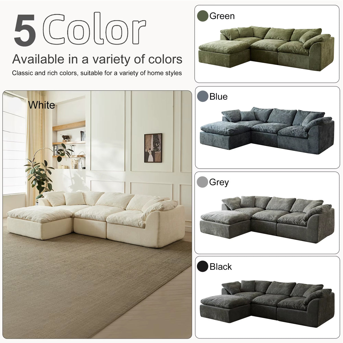 109" Modern L-Shaped Oversized 3-Seater Sofa in Blue Chenille Fabric with Modular Ottoman