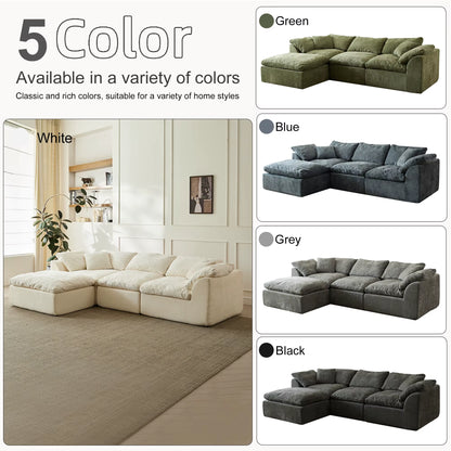 109" Modern L-Shaped Oversized 3-Seater Sofa in Blue Chenille Fabric with Modular Ottoman