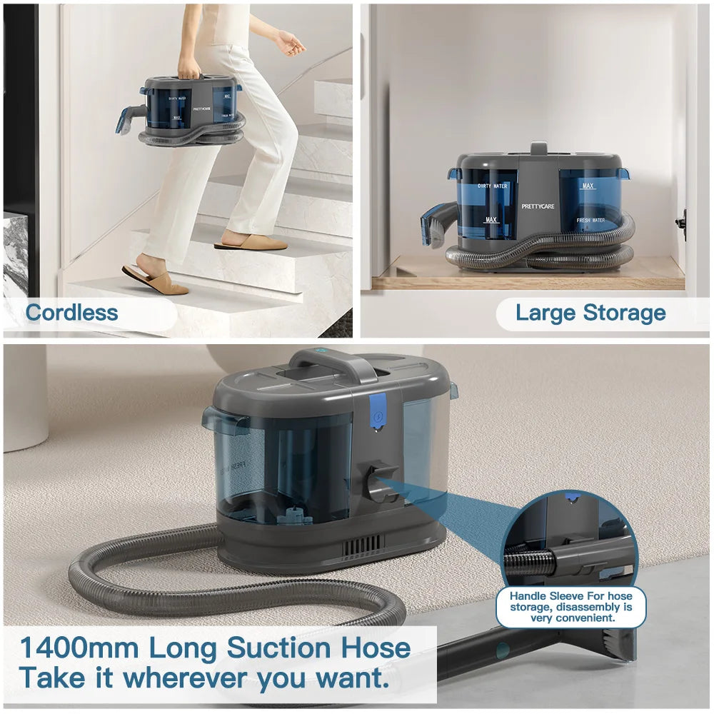 PC808 Cordless Carpet&Spot Vacuum Cleaner 1.4M Hose 30Minutes Fabric Vacuum Cleaner with Wet Sprayer for Sofa Car
