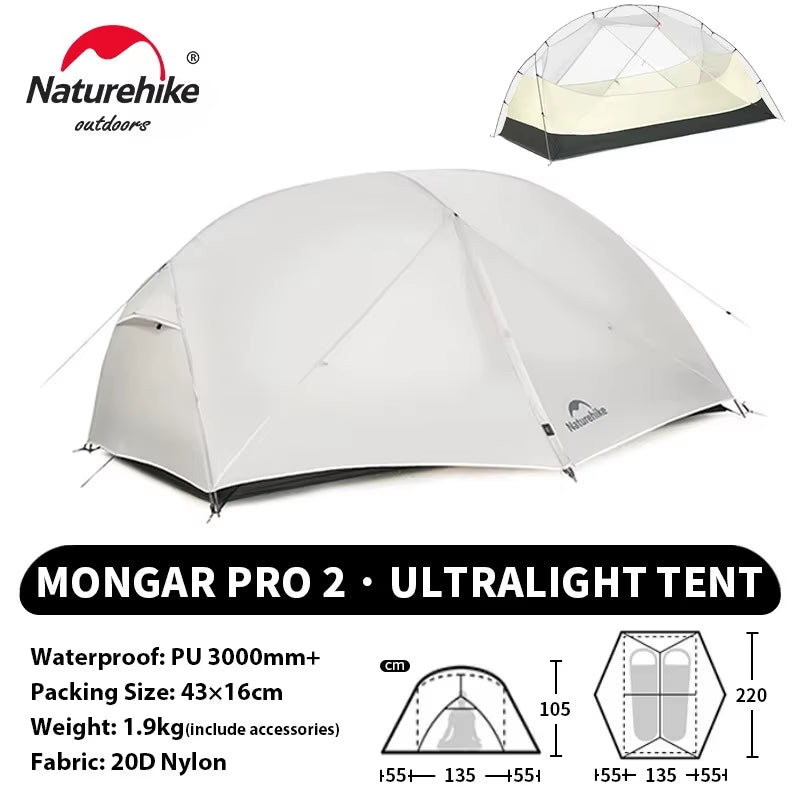 Naturehike Mongar PRO Ultralight Waterproof Tent for 1-3 Persons - 20D Nylon Camping and Backpacking Solution