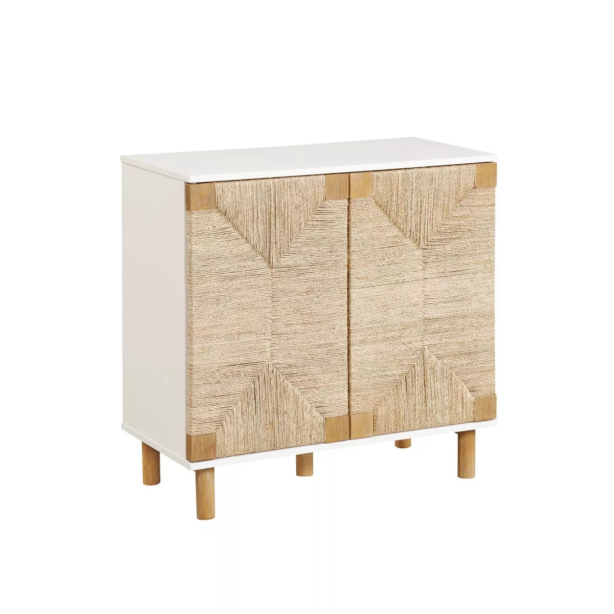  Wood and Seagrass Storage Cabinet in White with Veneer Surface and Fixed Shelf - Adult Assembly Required