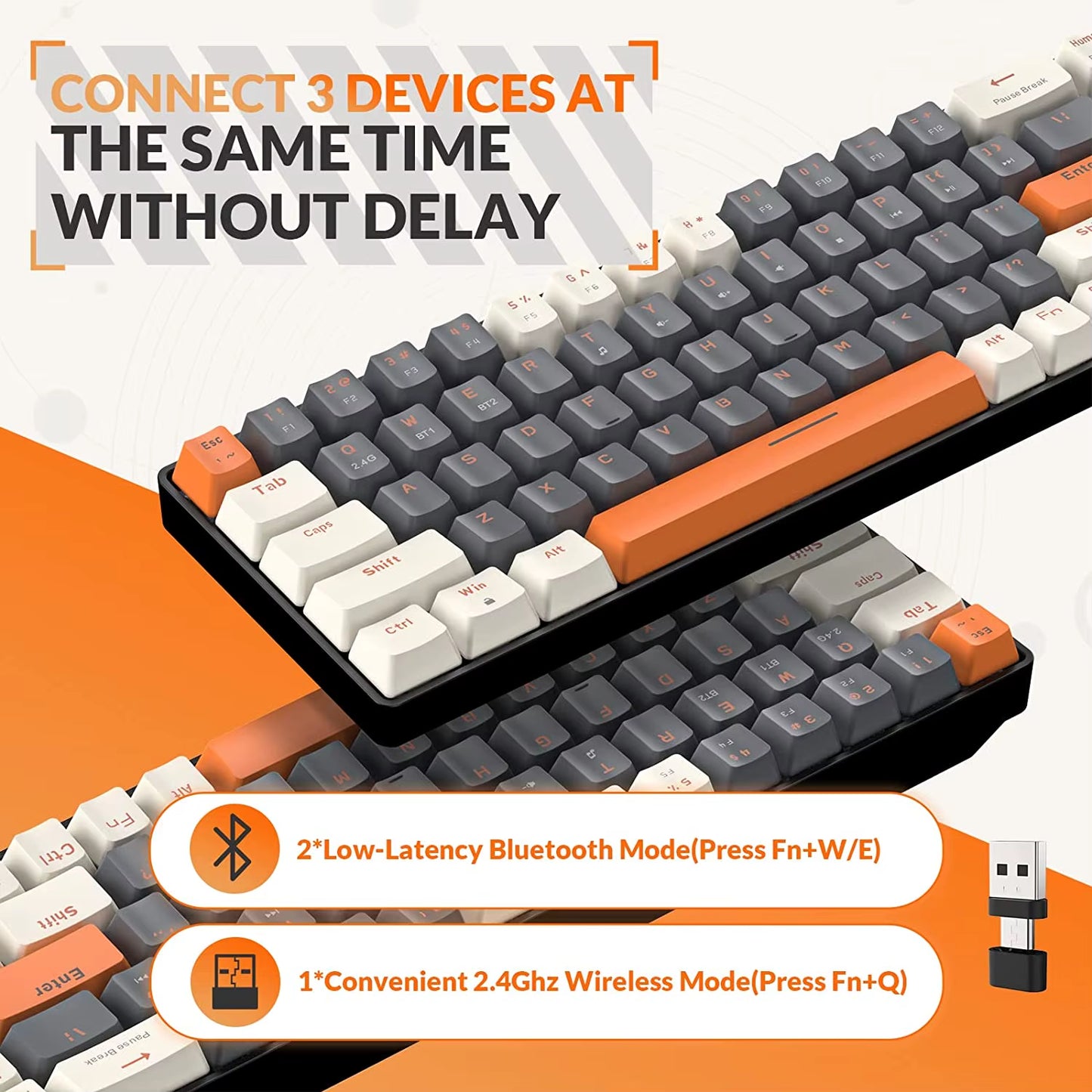 RK68 60% Wireless Mechanical Keyboard, Bluetooth 5.0/2.4Ghz with Dual Mode 2-In-1 Receiver, 68-Key Hot-Swappable Gaming Keyboard