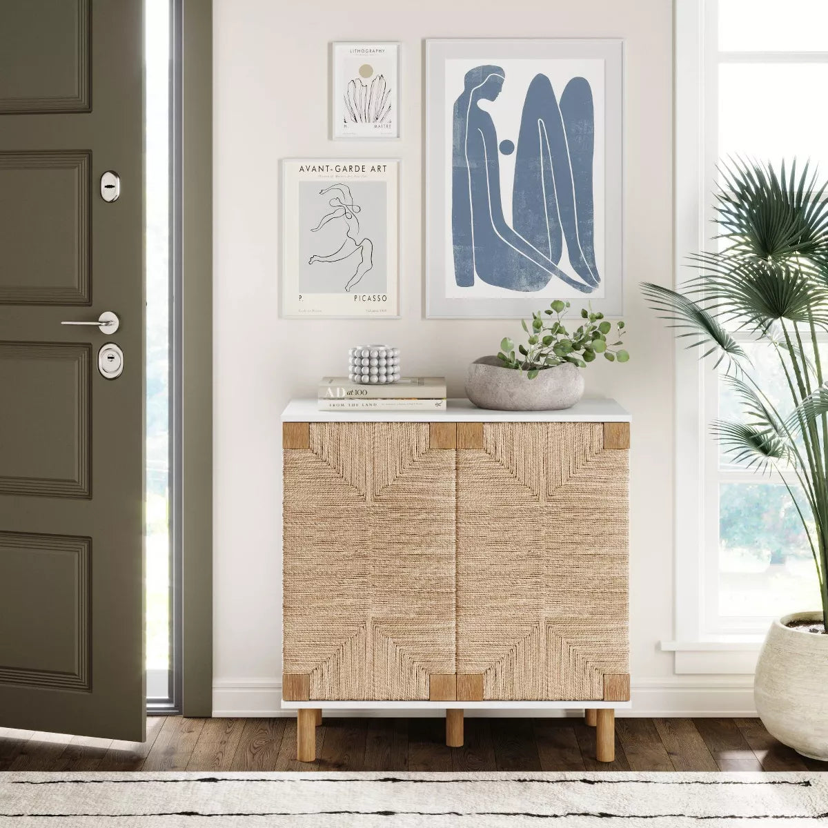  Wood and Seagrass Storage Cabinet in White with Veneer Surface and Fixed Shelf - Adult Assembly Required