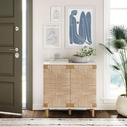  Wood and Seagrass Storage Cabinet in White with Veneer Surface and Fixed Shelf - Adult Assembly Required