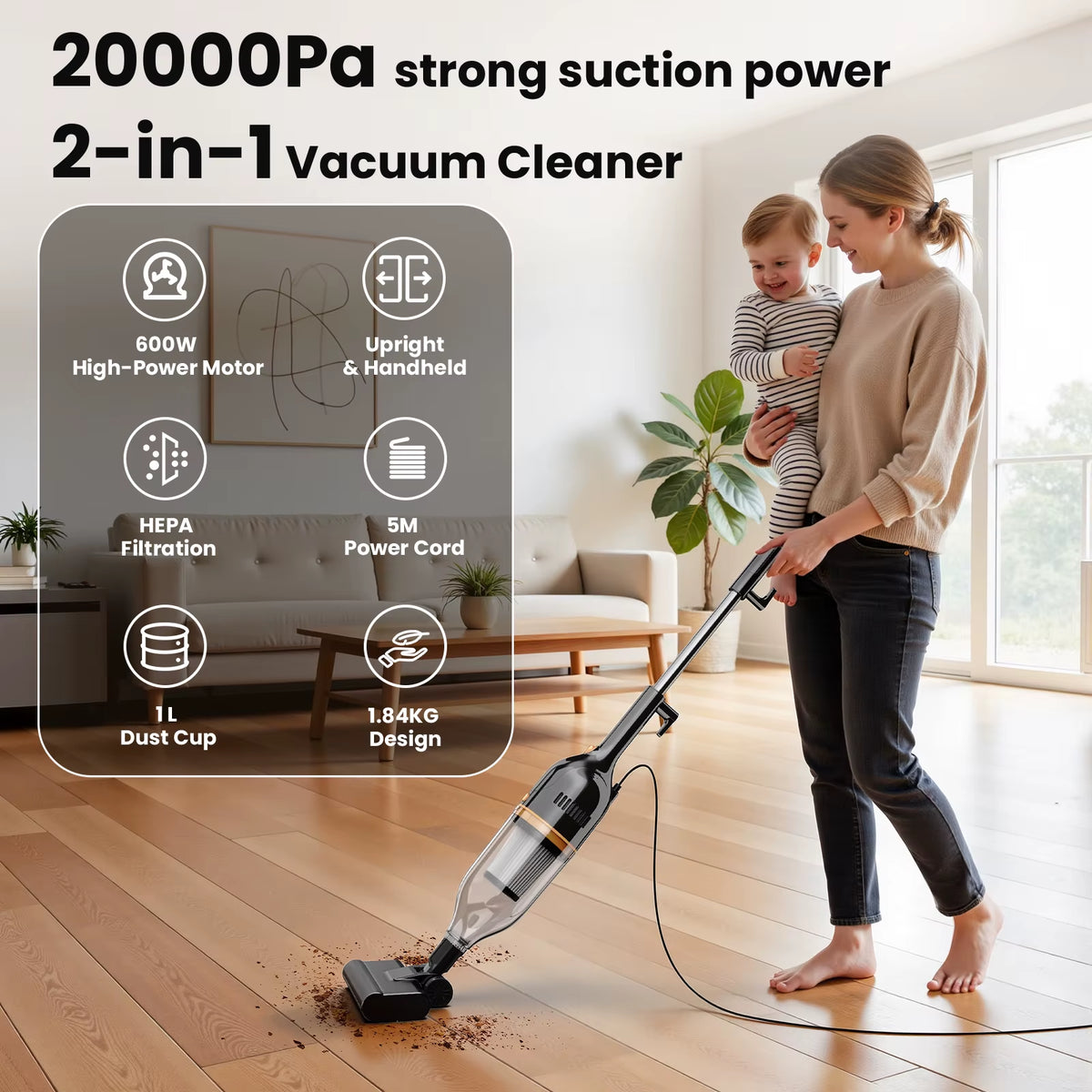 Vastorm R7 Corded Stick Vacuum Cleaner - 600W, 20Kpa Powerful 3-in-1 Lightweight Design for Efficient Low Noise Cleaning on Hardwood Floors and Carpets, Ideal for Pet Hair Removal