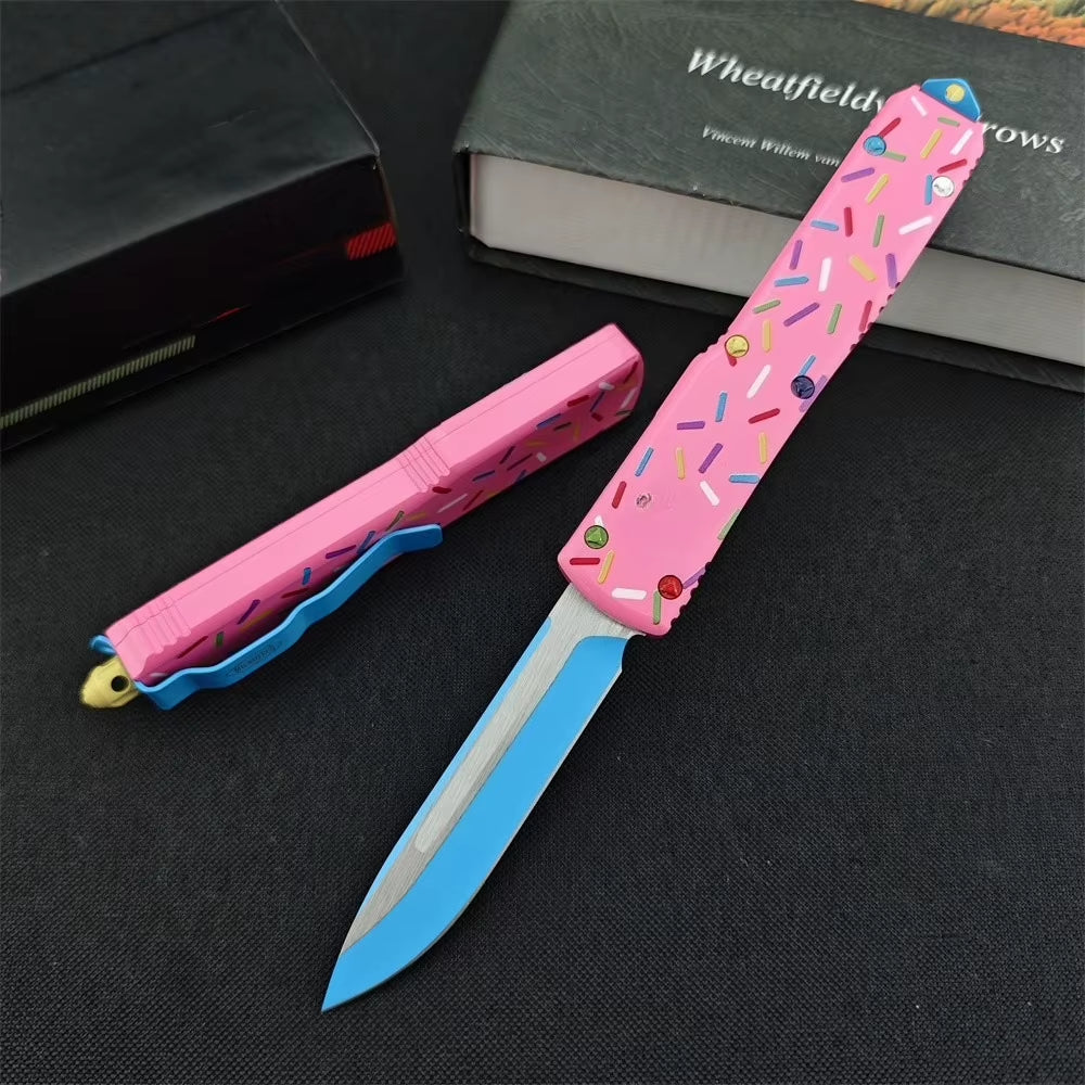 Outdoor Tactical Folding Knife with 3.46-Inch D2 Blade and T6 Aluminum Pink Donut Handle - Deep Pocket Clip EDC Tool for Camping, Hiking, and Hunting