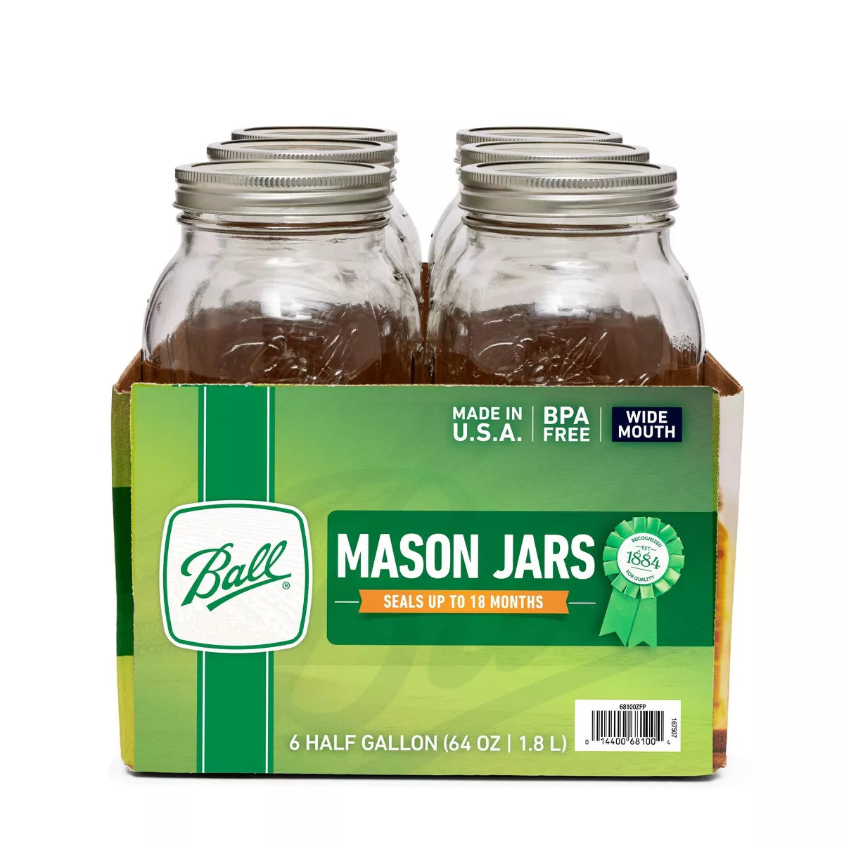 64 oz Glass Wide Mouth Mason Jar Set (6-Pack) with Lid and Band - Clear Canning Jars, Dishwasher-Safe, 4" Neck Diameter
