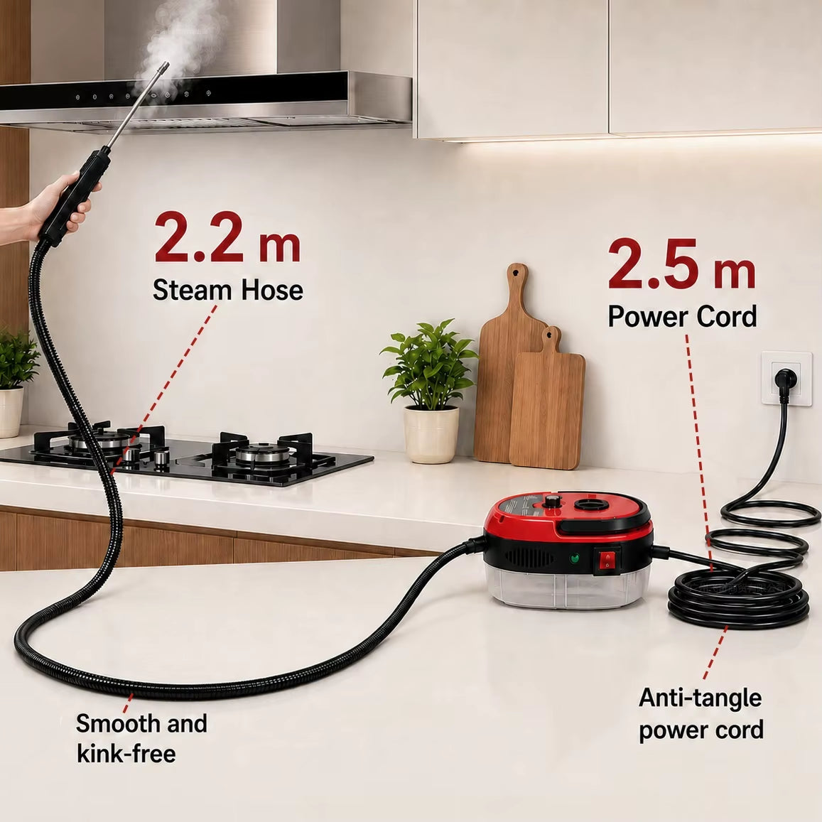 High-Pressure Portable Steam Cleaner with Brush Heads - Handheld Sanitizer with 6-Speed Settings, Extended Hose, and Large Capacity for Effective Grease and Dust Mite Removal in Air Conditioners, Range Hoods, Floors, Bathrooms, and Cookware.