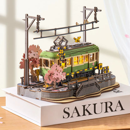 Rolife Wooden 3D Puzzle Sakura Journey Tram DIY Model Kit with LED for Home Decor and Gift for Adults and Families