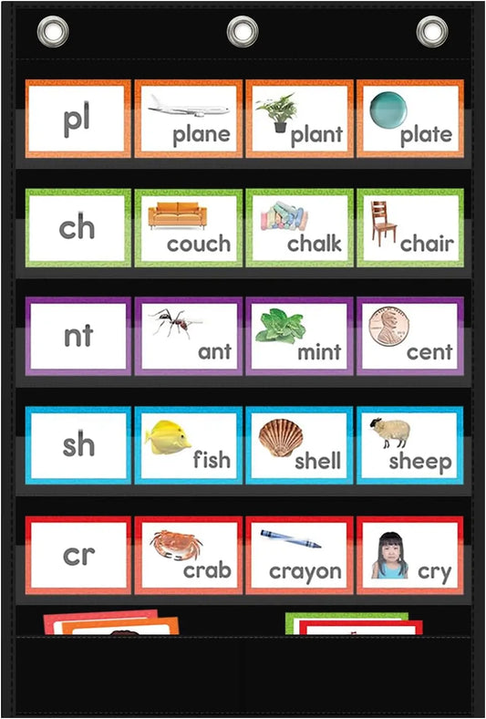 Classroom Black Standard Pocket Chart Words Chart with Extra Storage Pocket for Sentence Strips School Home Office Use