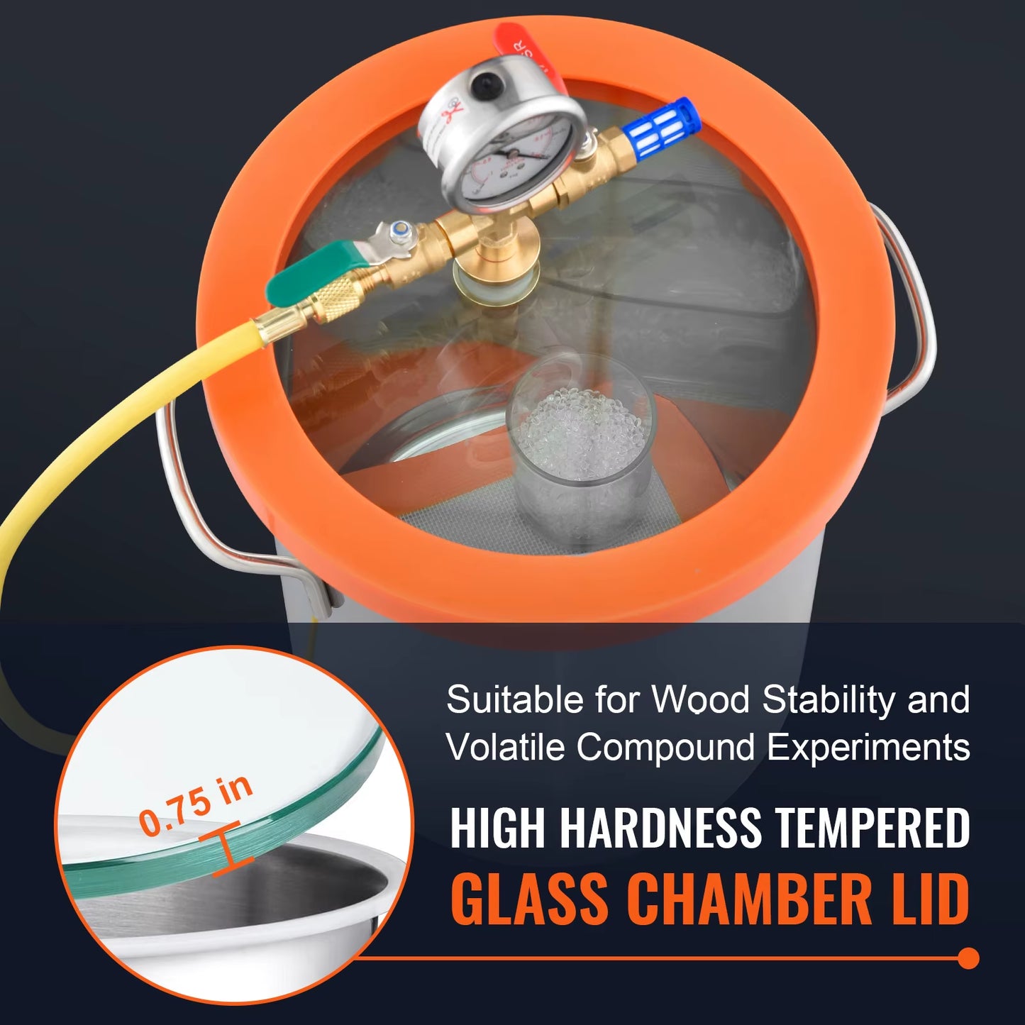 3 Gal Upgraded Tempered Glass Lid Vacuum Degassing Chamber 304 Stainless Steel for Stabilizing Wood, Resin Degassing